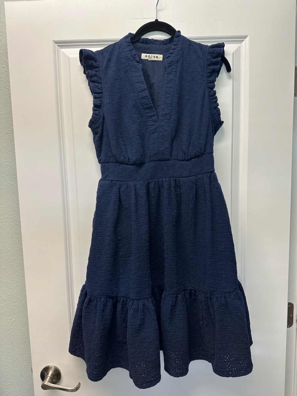 Boden Navy Textured Ruffle-Sleeve Wren Double Cloth Short Dress